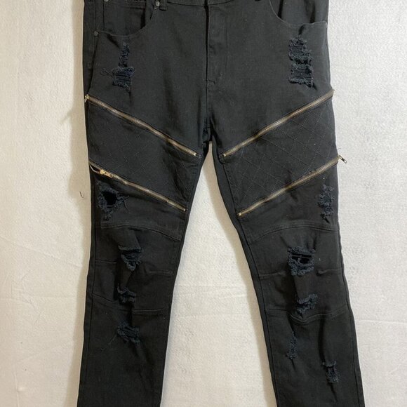 Bleeker and Mercer Moto Men's Jeans Distress Size 40x32 With‎ Rips Zippers Black - Picture 1 of 11